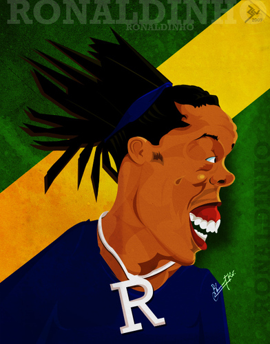 Cartoon: Ronaldinho (medium) by bharatkv tagged ronaldinho,football,soccer,fifa,brazil,caricature,cartoon,digital,india,bharat