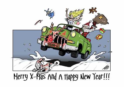 Cartoon: Merry X-Mas!!! (medium) by Toeby tagged weihnachten,toeby,hase,bunny,auto,car,claus,santa,christkind,engel,angel,töbermann,mark,grüsse,greetings,christmas