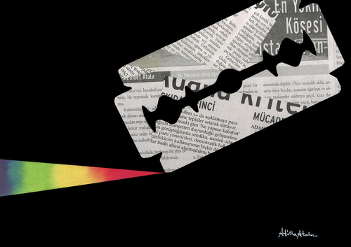Cartoon: Press (medium) by Atilla Atala tagged pres,journalist,razorblade,rainbow