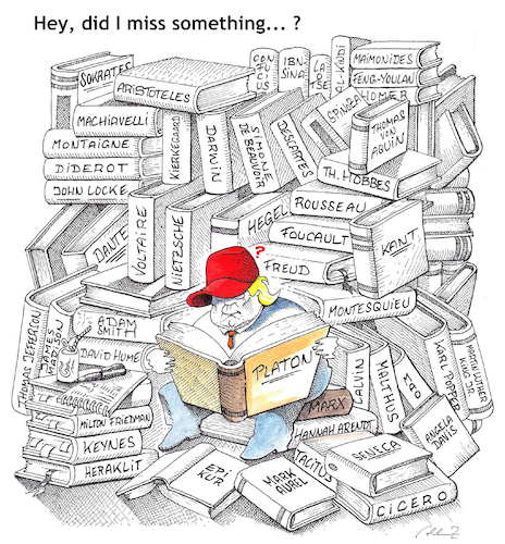Cartoon: Hey! (medium) by Pohlenz tagged donald,trump,usa,president,midterms,books,literature,donald,trump,usa,president,midterms,books,literature