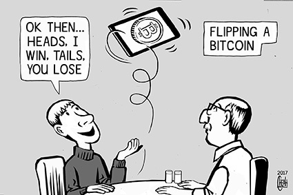 Cartoon: Bitcoin toss (medium) by sinann tagged bitcoin,toss,flip,win,lose,heads,tail