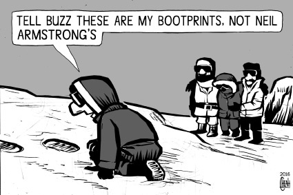 Cartoon: Buzz Aldrin in Antarctic (medium) by sinann tagged buzz,edwin,aldrin,antarctic,footprints,evacuated,sick