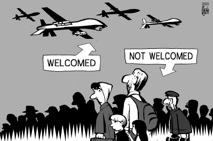Cartoon: Migrants and drones (medium) by sinann tagged migrants,refugees,drones,welcome