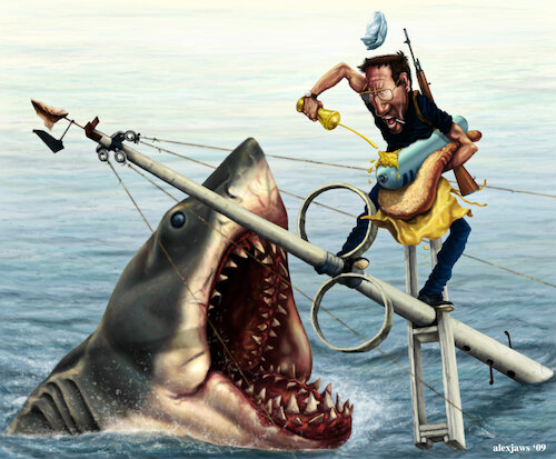 Cartoon: JAWS TRIBUTE (medium) by ALEX gb tagged sharks,movies,horror,spielberg,steven,bruce,scheider,roy,jaws