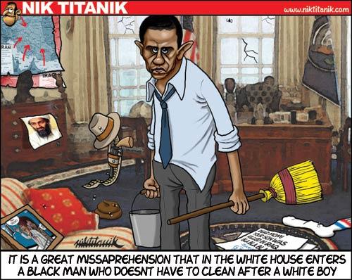 Cartoon: A black one in the white one (medium) by Nik Titanik tagged barack,obama,white,house,usa,george,bush,iran,iraq,cowboy,one