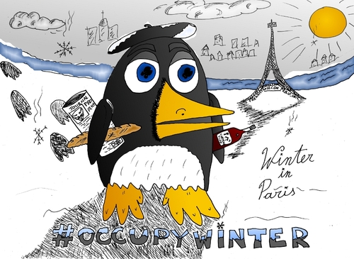 Cartoon: Occupy Winter in Paris (medium) by laughzilla tagged occupy,paris,ows,winter,penguin,baguette,france,satire,laughzilla
