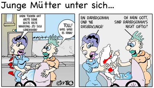 Cartoon: Feste Nahrung. (medium) by MiO tagged mütter,nahrung,mio,baby,rasierklinge,radiergummi,säugling