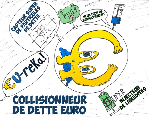 Cartoon: Collisionneur de dette Euro (medium) by BinaryOptions tagged option,binaire,options,binaires,trading,trader,euro,dette,eur,collisionneur,caricature,optionsclick