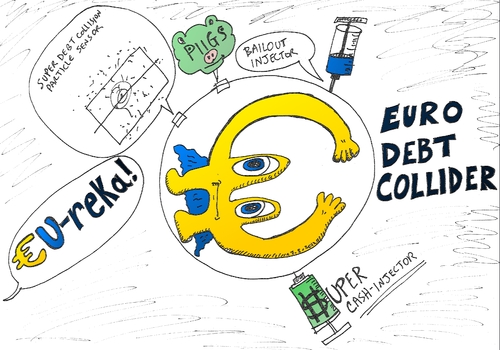 Cartoon: Euro Debt Collider (medium) by BinaryOptions tagged binary,options,trading,trader,euro,eur,euroman,debt,collider,caricature,comic,superhero,optionsclick,financial,investor,market