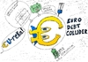 Cartoon: Euro Debt Collider (small) by BinaryOptions tagged binary,options,trading,trader,euro,eur,euroman,debt,collider,caricature,comic,superhero,optionsclick,financial,investor,market