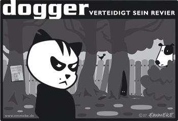 Cartoon: dogger (medium) by EMMEKE tagged animals,dogger,character,comic,tiere,cat,dog,patch,brave,scary,katze,hund,revier,boese,wald,forest,streetcat,straßenkatze,design,vector,outline,bw,angsthase