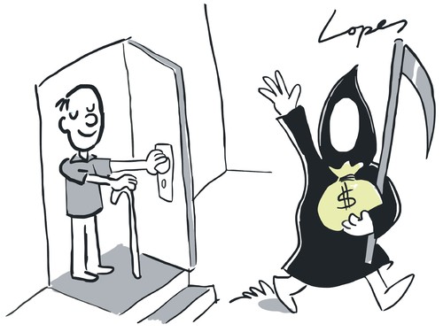 Cartoon: Death Bribe (medium) by Lopes tagged death,grim,reaper,old,man,money,bribe,bag,door,life,goodbye