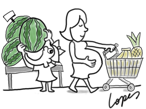Cartoon: Watermelon Belly (medium) by Lopes tagged watermelon,woman,pregnant,belly,girl,supermarket