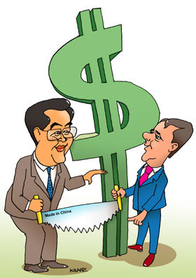Cartoon: China and Russia against dollar (medium) by kranev tagged president,medvedev