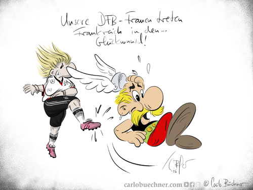 Cartoon: DFB-Frauen schlagen Frankreich! (medium) by Carlo Büchner tagged frauen,wm,kanada,2015,fifawwc,dfb,deutschland,frankreich,viertelfinale,asterix,fussball,football,soccer,gallier,cartoon,humor,satire,kunst,art,carlo,büchner,arts,ray