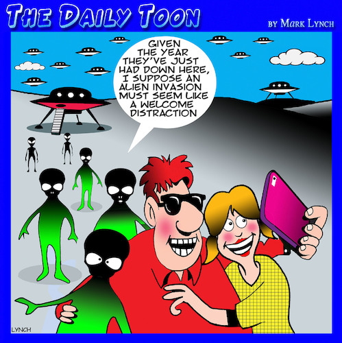 Cartoon: Alien invasion (medium) by toons tagged covid,aliens,welcome,distractions,covid,aliens,welcome,distractions