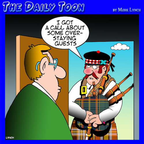 Cartoon: Bagpipes (medium) by toons tagged pest,exterminator,bagpipes,scotland,house,guests,scottish,piper,pest,exterminator,bagpipes,scotland,house,guests,scottish,piper