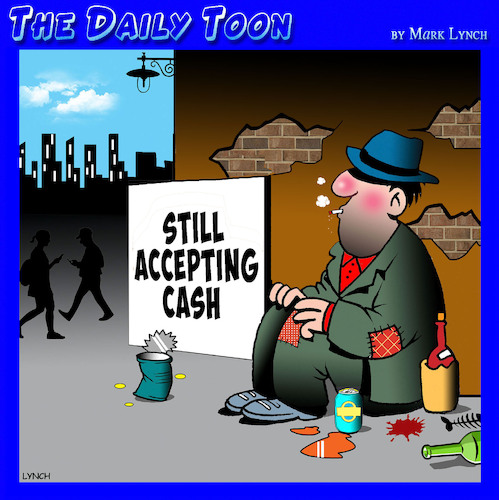 Cartoon: Cashless society (medium) by toons tagged cash,bitcoins,tramp,begging,cash,bitcoins,tramp,begging