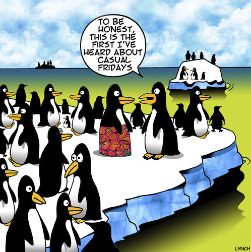 Cartoon: Casual Friday (medium) by toons tagged penguins,casual,fridays,sarong,board,shorts,hibiscus,flowers,arctic,penguins,casual,fridays,sarong,board,shorts,hibiscus,flowers,arctic