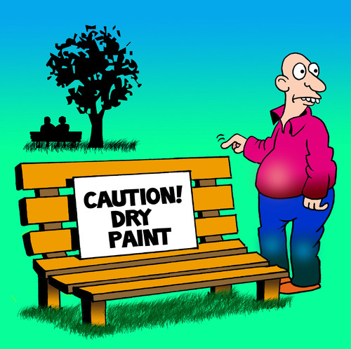 Cartoon: Caution dry paint (medium) by toons tagged painting,wet,paint,park,bench,strolling,parks,trees,relaxation,signs,paintbrush,sticky