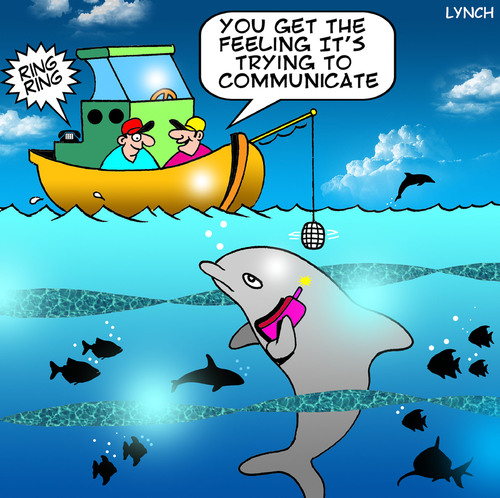 Cartoon: Communicating (medium) by toons tagged dolphins,sea,world,fish,mobile,phones,communications,oceans,seafood,fishing,marine,biology,science,social,networking