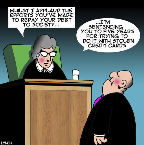 Cartoon: Credit card fraud (medium) by toons tagged credit,cards,female,judge,stolen,jail,prisoner,debt,to,society,credit,cards,female,judge,stolen,jail,prisoner,debt,to,society