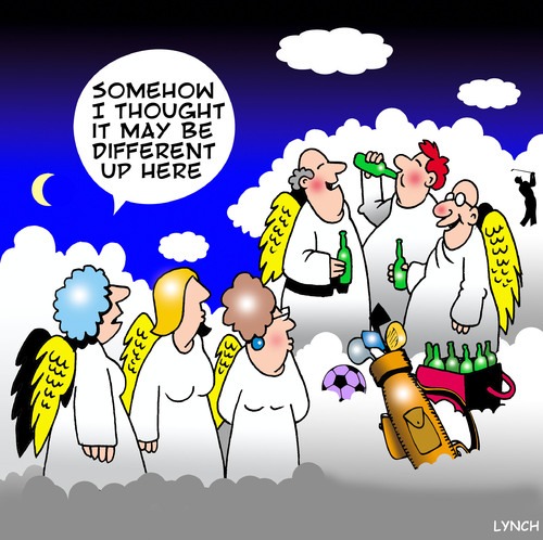 Cartoon: Different (medium) by toons tagged heaven,golf,men,sports,afterlife,beer,football,soccer,and,women,gossip