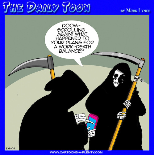Cartoon: Doom scrolling (medium) by toons tagged grim,reaper,work,life,balance,grim,reaper,work,life,balance