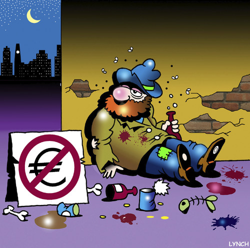 Cartoon: Euro free zone (medium) by toons tagged euro,begging,broke,money,gfc,dollars,pounds,cash,tramps
