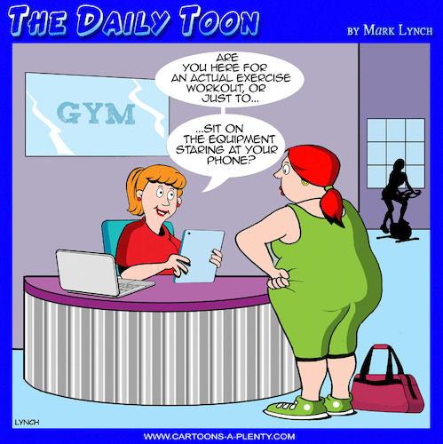 Cartoon: Gym workout (medium) by toons tagged gyms,staring,at,phone,gym,equipment,obesity,gyms,staring,at,phone,gym,equipment,obesity
