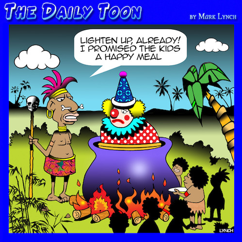 Cartoon: Happy meal (medium) by toons tagged cannibals,happy,meals,depressed,clowns,cannibals,happy,meals,depressed,clowns