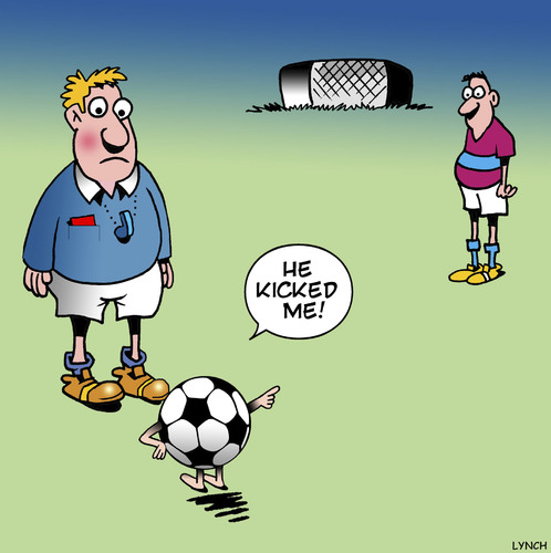 Cartoon: He kicked me (medium) by toons tagged soccer,referee,football,player,ball,soccer,referee,football,player,ball