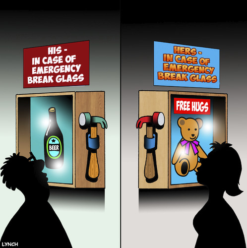 Cartoon: In case of emergency (medium) by toons tagged women,and,men,in,case,of,emergency,break,glass,beer,teddy,bears,equipment,women,and,men,in,case,of,emergency,break,glass,beer,teddy,bears,equipment