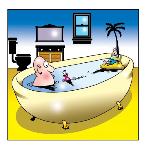 Cartoon: message in a bottle (medium) by toons tagged desert,island,marooned,bath,bathwater,message,in,bottle
