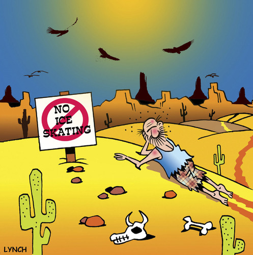 Cartoon: no ice skating (medium) by toons tagged ice,skating,desert,island,vultures,lost,signs,abandoned,cactus