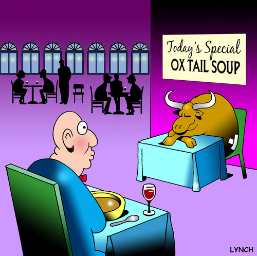 Cartoon: Ox tail soup (medium) by toons tagged soup,ox,tail,restaurants,menu,food,drink,waiters,cafe,animals,cows,oxen,beast,of,burden