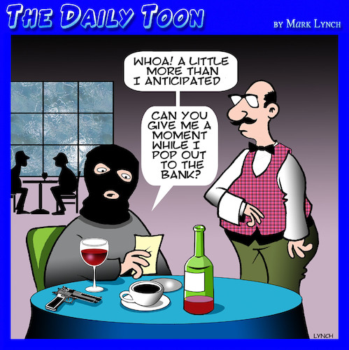 Cartoon: Restaurant bill (medium) by toons tagged bank,robber,restaurant,bill,waiter,dinner,bank,robber,restaurant,bill,waiter,dinner