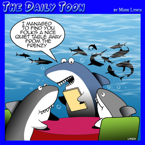 Cartoon: Shark frenzy (medium) by toons tagged sharks,feeding,frenzy,romantic,table,for,two,sharks,feeding,frenzy,romantic,table,for,two
