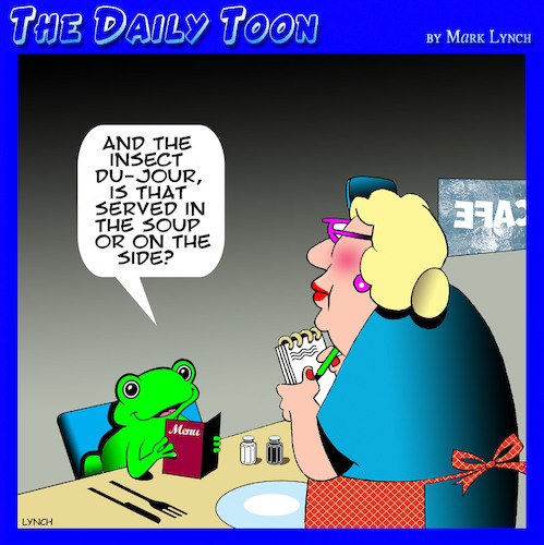Cartoon: Soup du jour (medium) by toons tagged frogs,insects,flies,frogs,insects,flies