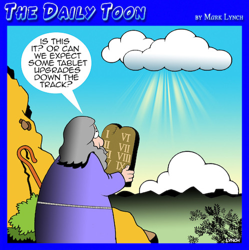 Cartoon: Tablet upgrades (medium) by toons tagged moses,ten,commandments,computer,upgrades,software,update,moses,ten,commandments,computer,upgrades,software,update