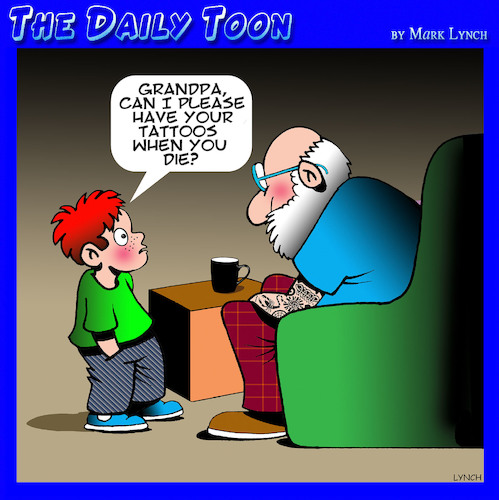 Cartoon: Tattoos (medium) by toons tagged grandparents,tattoos,wills,kids,grandpa,bequest,grandparents,tattoos,wills,kids,grandpa,bequest