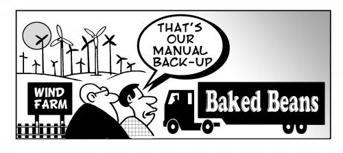 Cartoon: the manual backup (medium) by toons tagged wind,farms,energy,baked,beans,farting,environment
