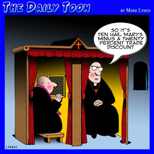 Cartoon: Trade discounts (medium) by toons tagged confessional,staff,discount,clergy,priests,sins,discounted,confessional,staff,discount,clergy,priests,sins,discounted