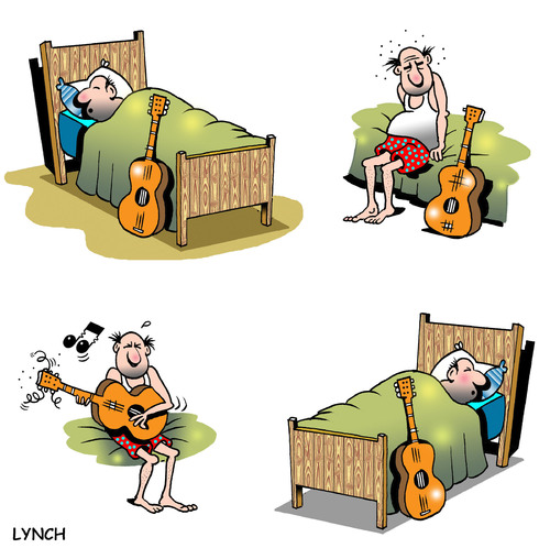 Cartoon: twang (medium) by toons tagged lessons,concert,band,artist,lazy,notes,musical,sleeping,guitar,music