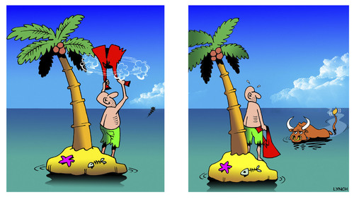 Cartoon: Uh Oh! (medium) by toons tagged bullfighting,desert,island,bulls,cows,red,flag,toreador,bullfighting,desert,island,bulls,cows,red,flag,toreador