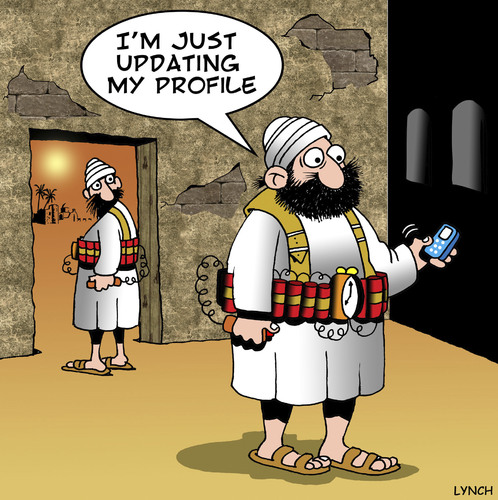 Cartoon: update my profile (medium) by toons tagged mobile,media,social,terrorist,terrorism,bomber,suicide,phones,facebook,twitter