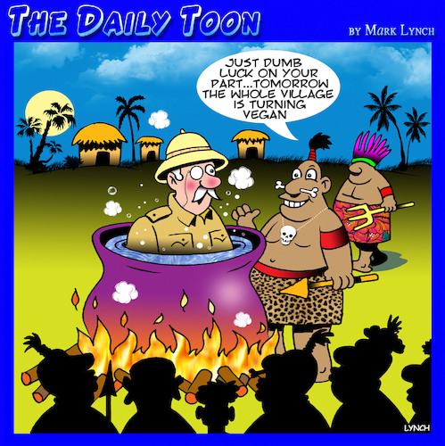 Cartoon: Vegans (medium) by toons tagged vegetarians,cannibalism,natives,vegans,primitive,tribe,explorers,vegetarians,cannibalism,natives,vegans,primitive,tribe,explorers