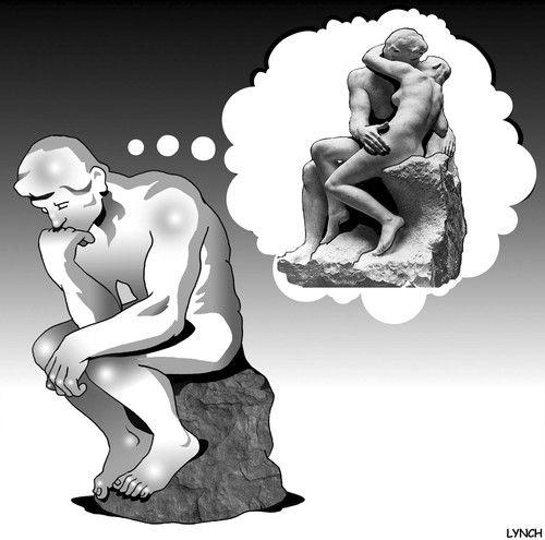 Cartoon: What men think about (medium) by toons tagged the,thinker,kiss,rodin,sculptures,art