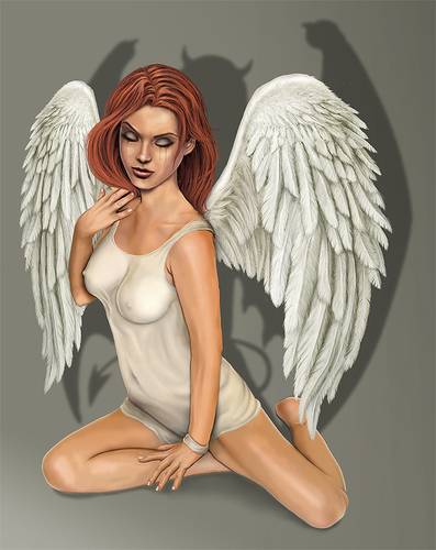 Cartoon: Fallen Angel (medium) by toonsucker tagged angel,engel,gefallen,sin,sünde,schuldig,gut,böse,good,evil,two,faced,psyche,seele,soul,flügel,teufel,devil,wings,bibel,bible,antichrist