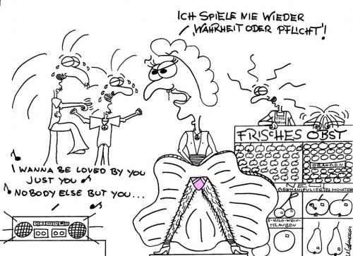 Cartoon: Falsche Wahl (medium) by naLe tagged marilyn,monroe,wahrheit,pflicht,verkleidung,wrong,choice,spiel,game